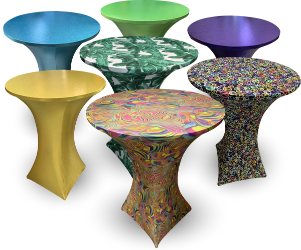 A variety of spandex table cover designs including purple, green, blue, gold, and more